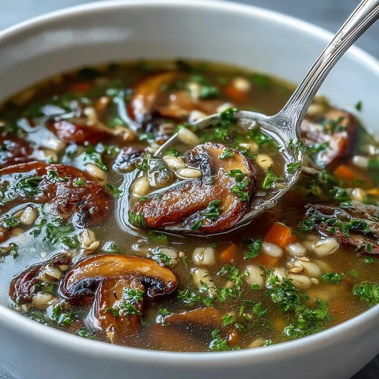 Hearty Mushroom and Barley Soup simmering in a pot on the stove, with carrots, celery, and thyme visible in the savory broth.