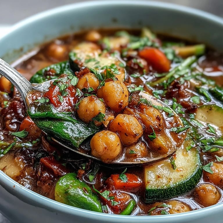 Serving bowl of Mediterranean Chickpea Stew topped with fresh parsley and a lemon wedge, set beside rustic bread for dipping.