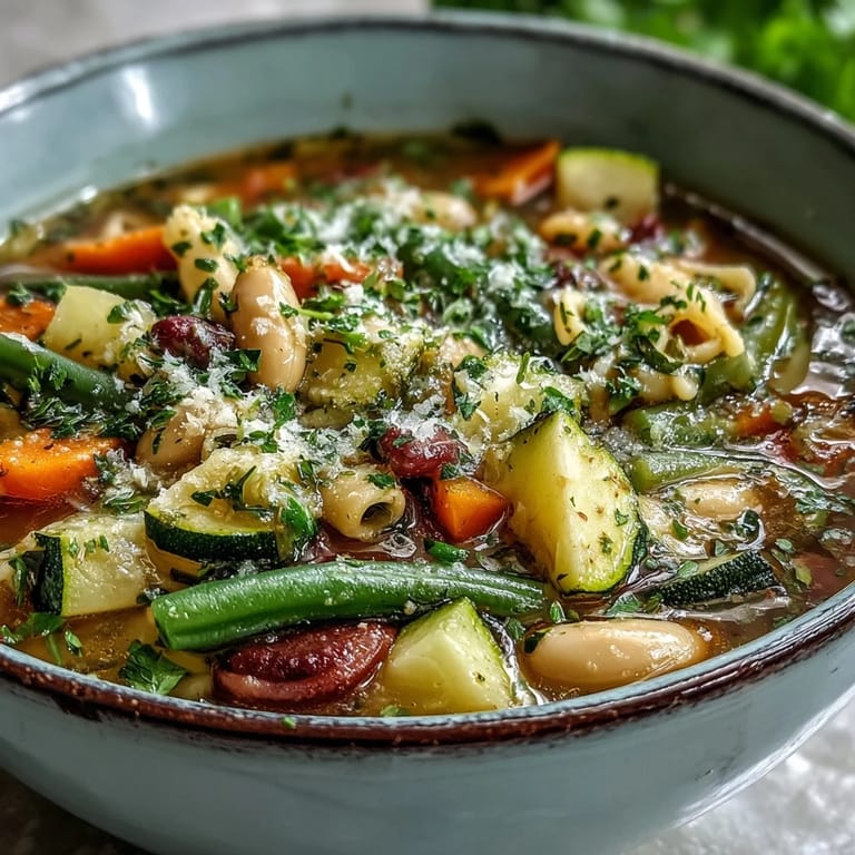 Hearty Italian minestrone soup simmering with colorful vegetables, cannellini beans, and ditalini pasta in a rich tomato broth.