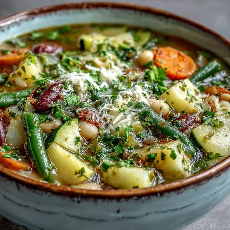 A comforting serving of minestrone vegetable soup topped with Parmesan and herbs, alongside crusty bread for dipping.