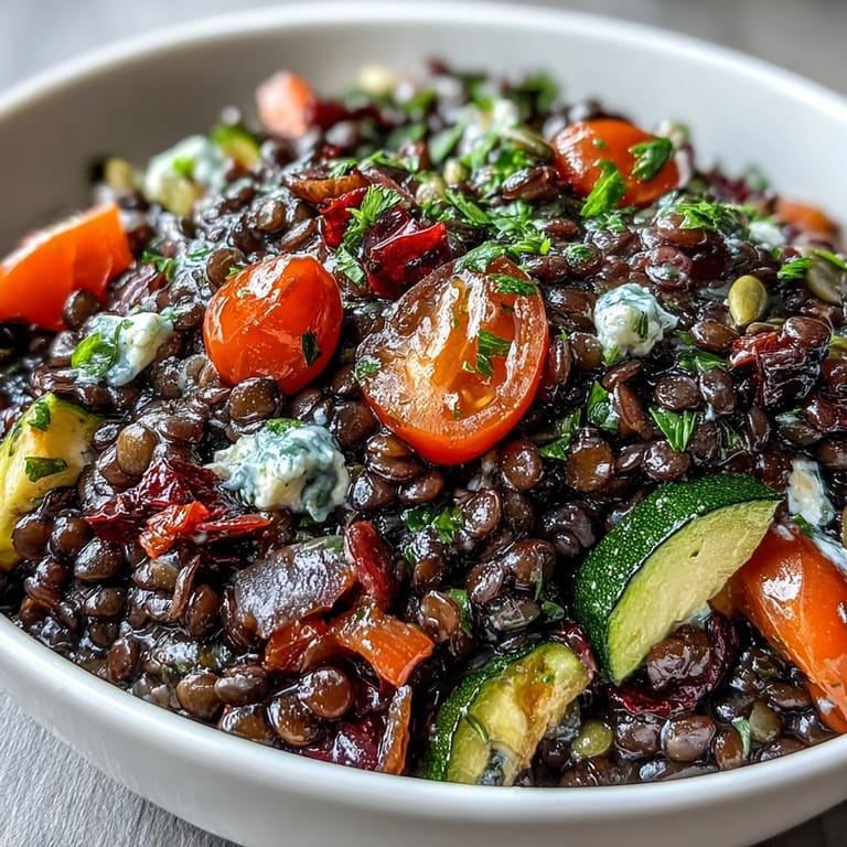 Black Lentil Salad in a white bowl, featuring tender lentils, caramelized vegetables, fresh parsley, and pumpkin seeds for a wholesome Mediterranean meal.