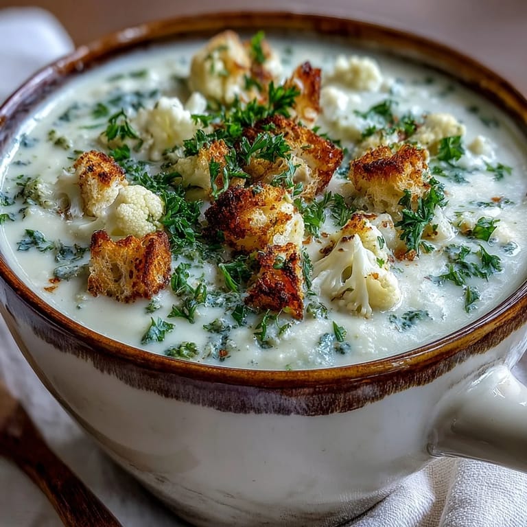 Topped with crunchy garlic croutons and fresh parsley, this creamy cauliflower and broccoli soup is ladled into a rustic bowl.