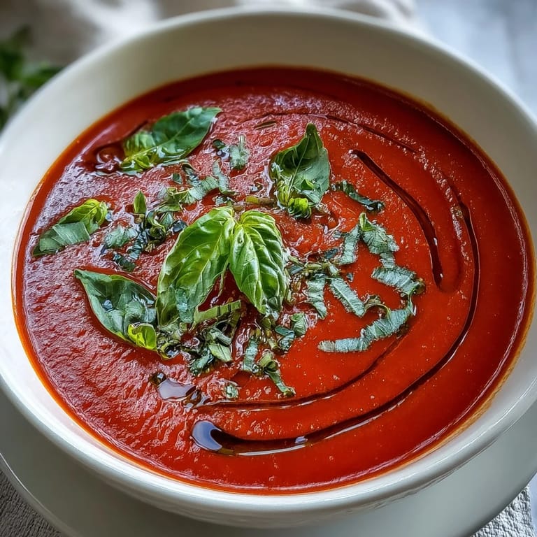 Creamy, silky Tomato and Basil Soup steaming in a white bowl, with a piece of crusty bread ready for dipping.