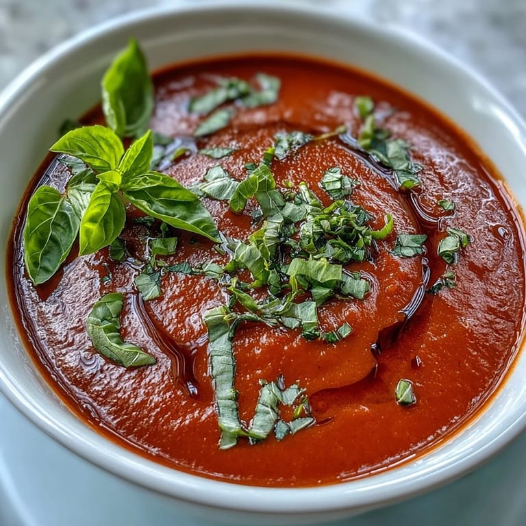 Vibrant red Tomato and Basil Soup garnished with basil and olive oil, served beside a grilled cheese sandwich on a wooden table.