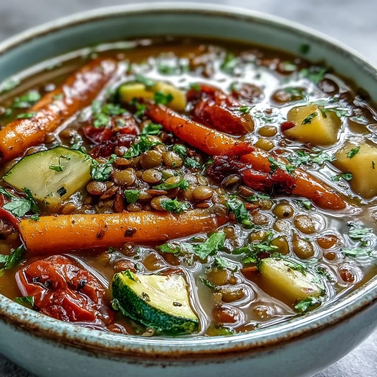 Hearty Lentil and Vegetable Soup simmering in a pot with roasted carrots and red bell pepper.  