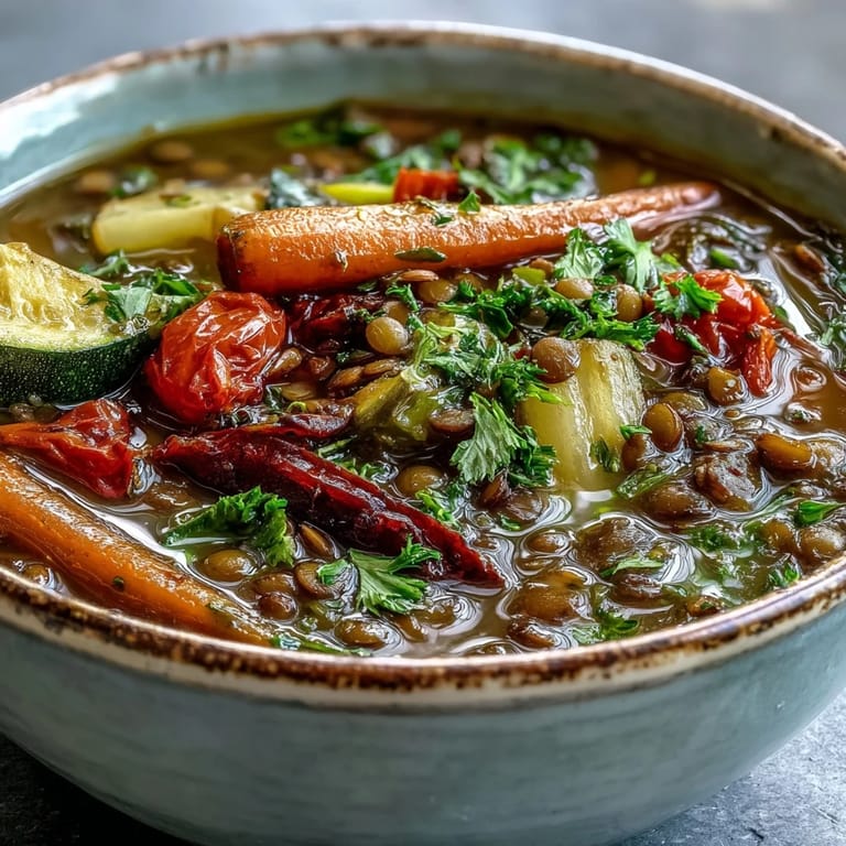 Freshly cooked Lentil and Vegetable Soup served in a rustic bowl with crusty bread.