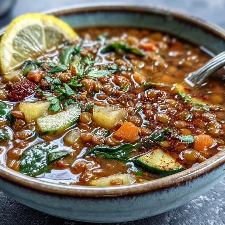 Lentil Soup simmering in a large pot, revealing tender zucchini and aromatic herbs, with a wooden spoon ready to serve.