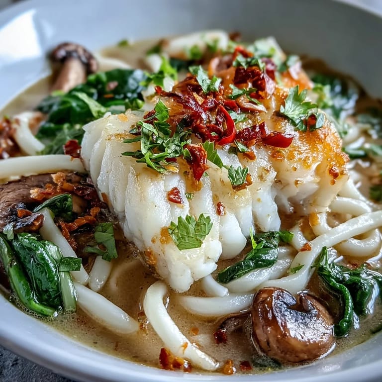 A close up of Poached Cod With Spiced Coconut Broth and Udon Noodles with chili slices and lime.