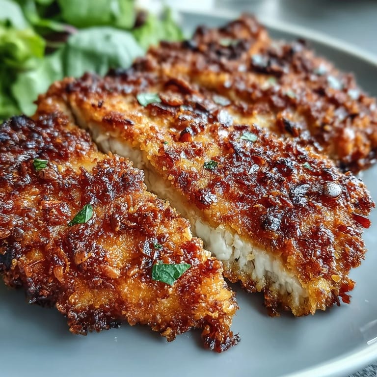 Tender almond-crusted chicken is plated alongside a colorful marinated kale salad with sumac and toasted almonds.