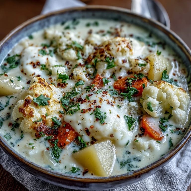 Creamy Vegetarian Cauliflower Chowder served hot alongside crunchy artisan bread for dipping.