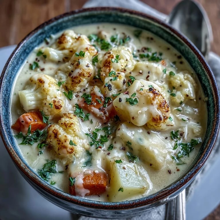 A comforting pot of Vegetarian Cauliflower Chowder blended with tender potatoes and carrots.