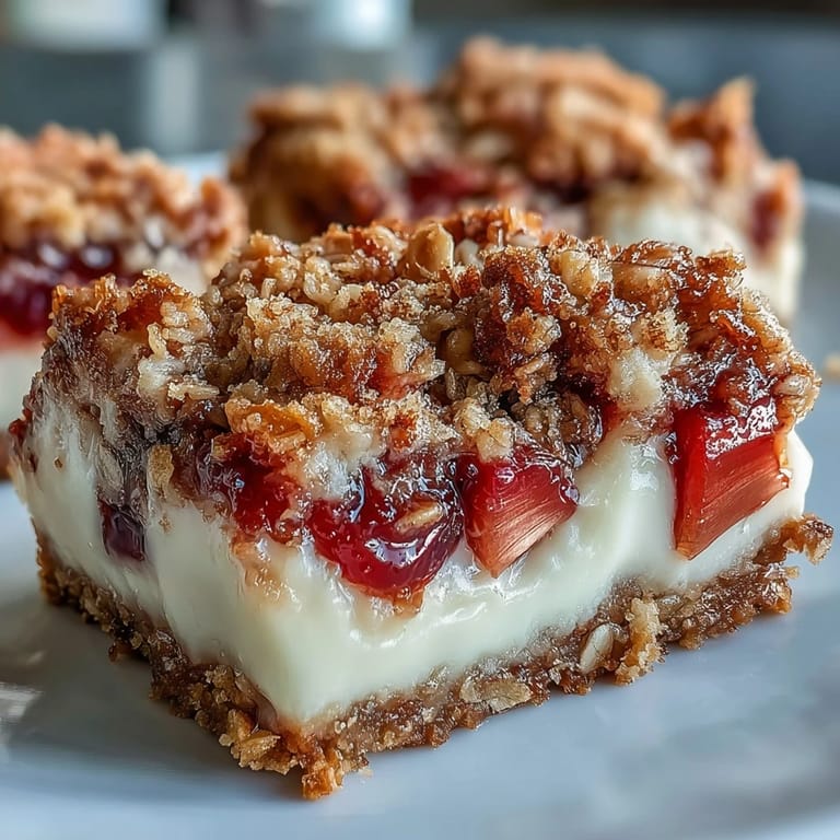 Sliced Rhubarb and Custard Crumble Bars reveal a buttery shortbread base, vibrant fruit filling, and a crunchy oat crumble topping.