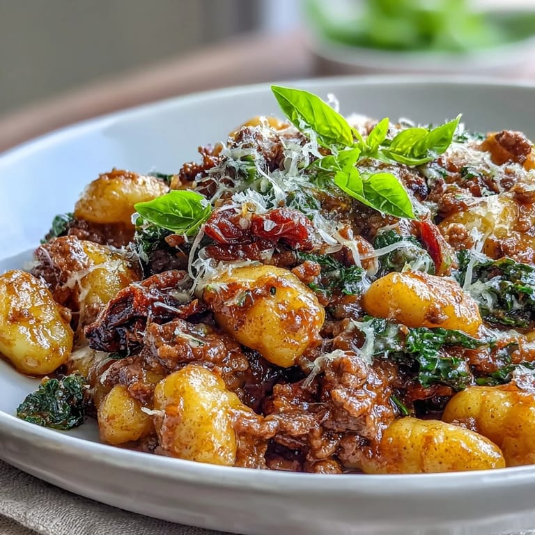 A close-up of Sausage Gnocchi with Kale, featuring crumbled Italian sausage and wilted greens.