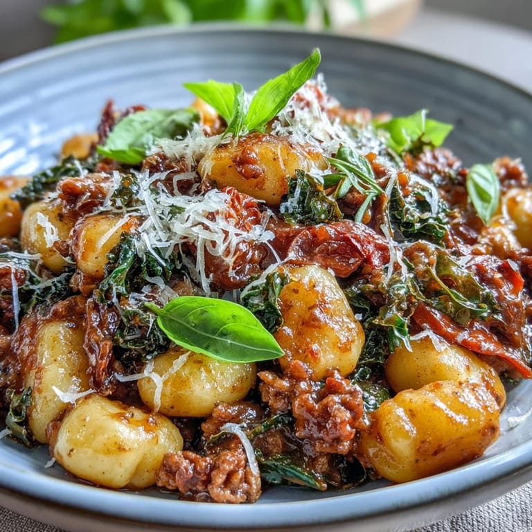 Hearty Sausage Gnocchi with Kale plated, garnished with Parmesan and a wooden spoon nearby.