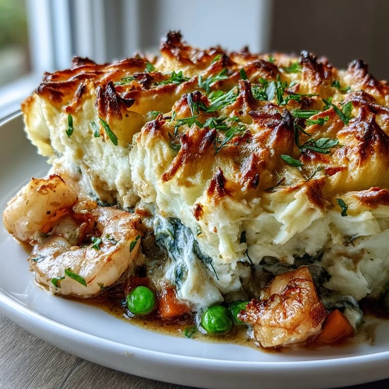 Curried fish pie served in a rustic dish, bubbling filling visible along the edges.