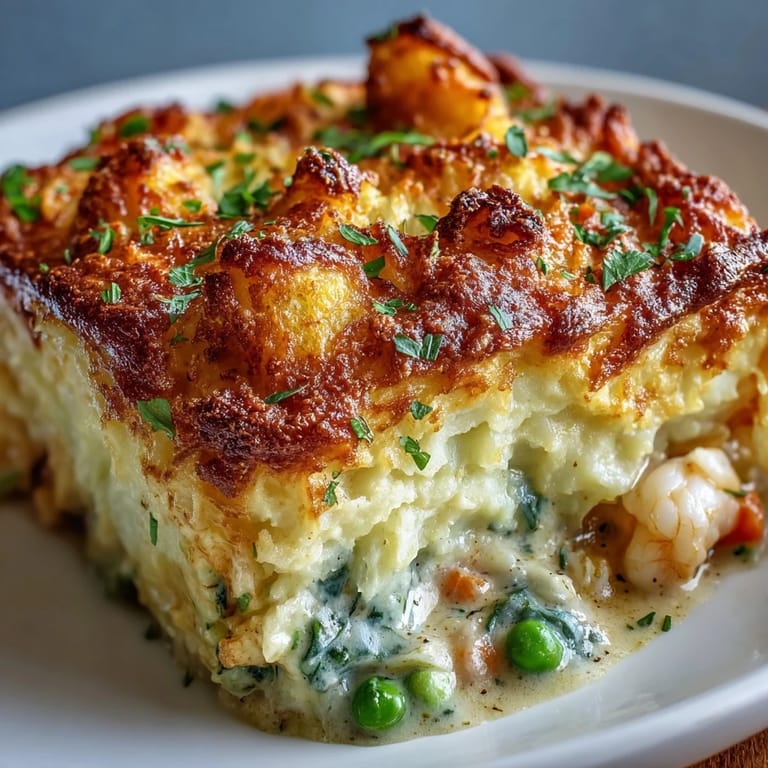 A fork lifts a spoonful of curried fish pie, revealing tender fish in curry sauce.