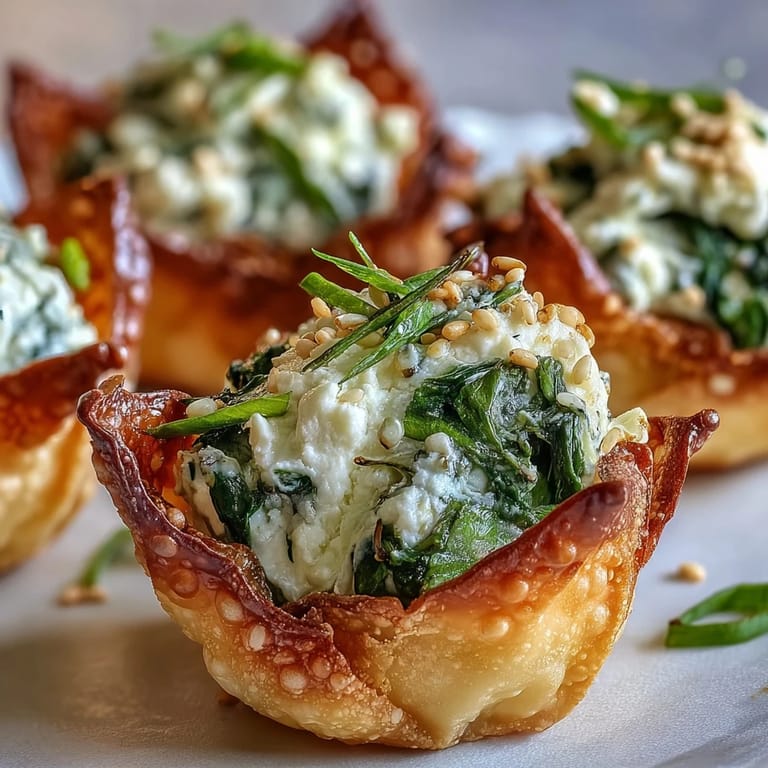 Freshly baked Mediterranean Spinach and Feta Cheese crisps served warm, offering a creamy texture and aromatic lemon zest.