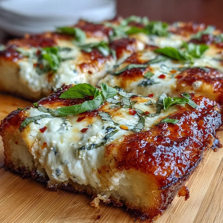 A close-up of Hot Honey Ricotta Pizza slice showcasing a thick, crisp crust, melted mozzarella, and vibrant basil leaves with a glossy honey drizzle.
