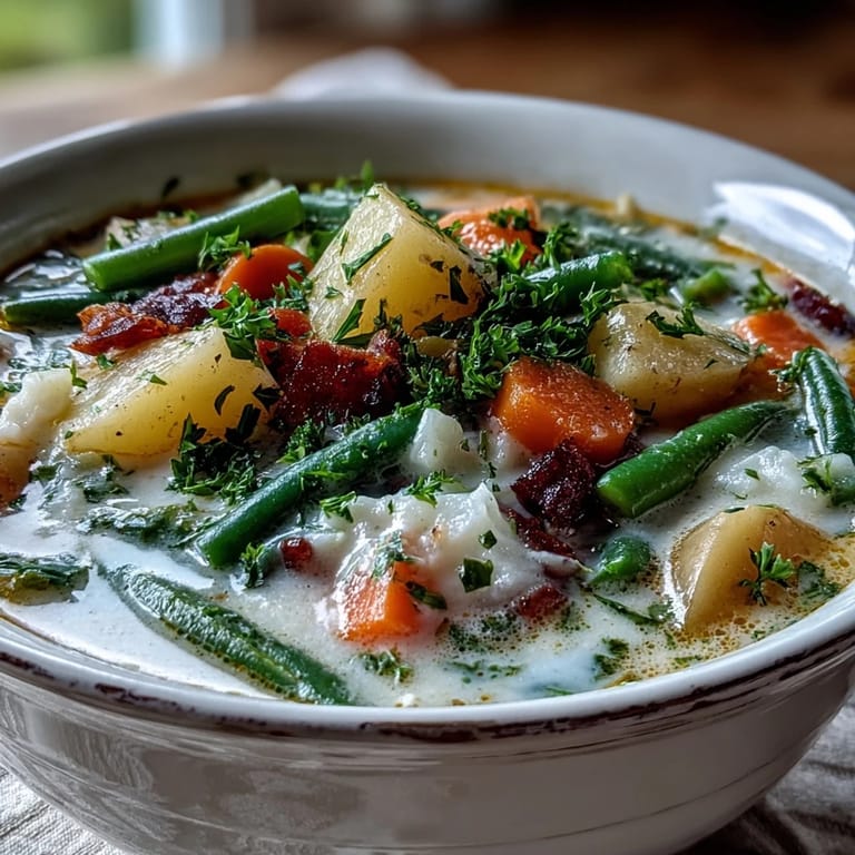 Rustic Amish Snow Day Soup simmering with carrots, potatoes, and corn, ready to serve with crusty bread.