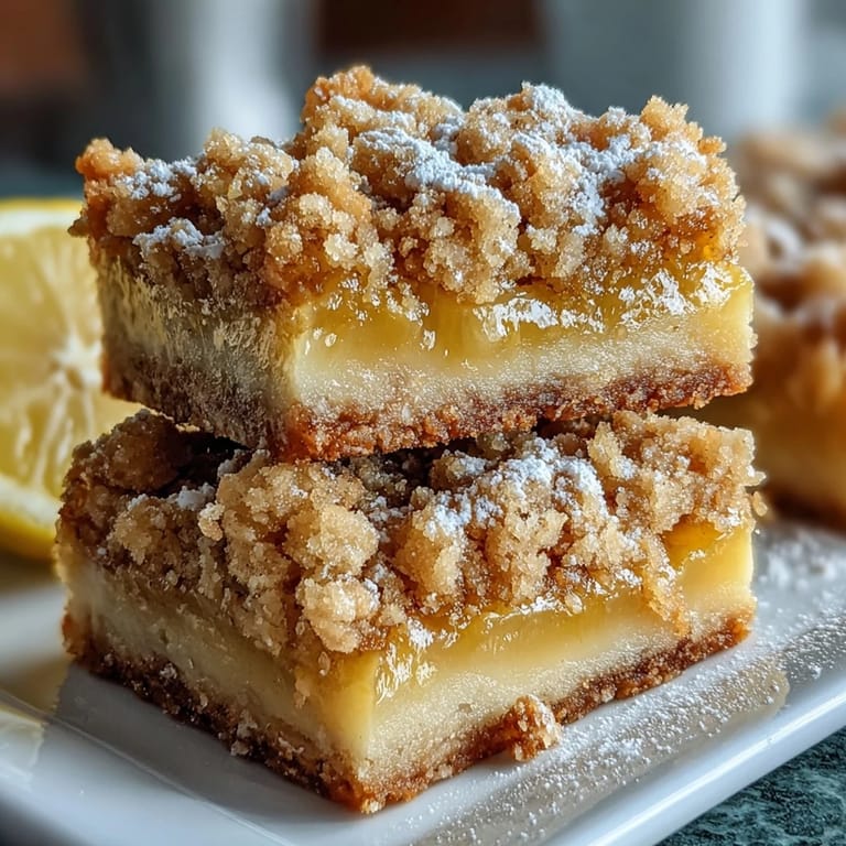 Freshly baked Homemade Lemon Crumb Bars reveal tangy lemon zest and crumbly oat topping on a rustic table.