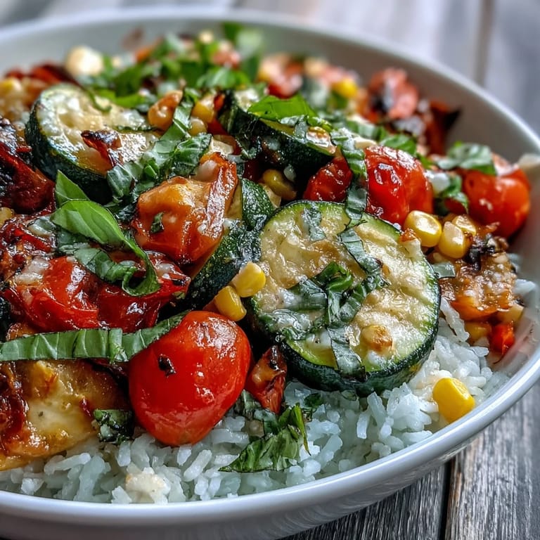 Forkful of tender cherry tomatoes and sweet corn nestled in a colorful Summer Vegetable Bowl beside torn fresh basil.  
