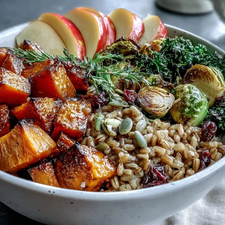 Colorful autumn ingredients like roasted squash, Brussels sprouts, and apples create a vibrant vegan bowl, ready to serve as a cozy main dish.