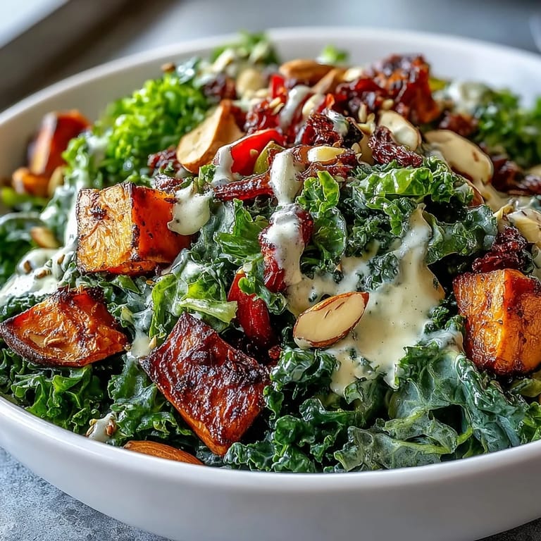 A hearty Kale Salad Bowl features golden roasted sweet potato, bell peppers, and zucchini tossed with seeds and almonds.
