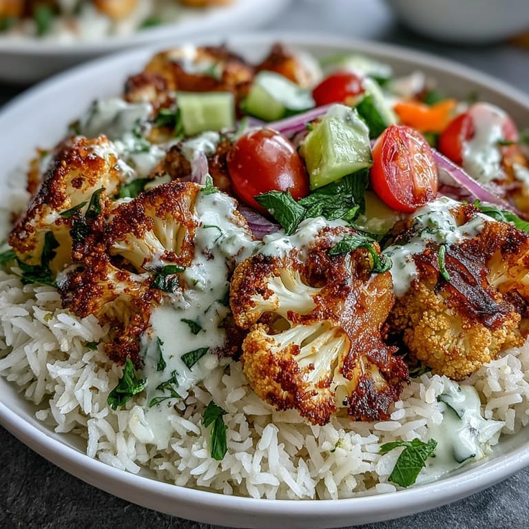 Hearty roasted cauliflower bowl topped with colorful veggies and creamy tahini sauce.