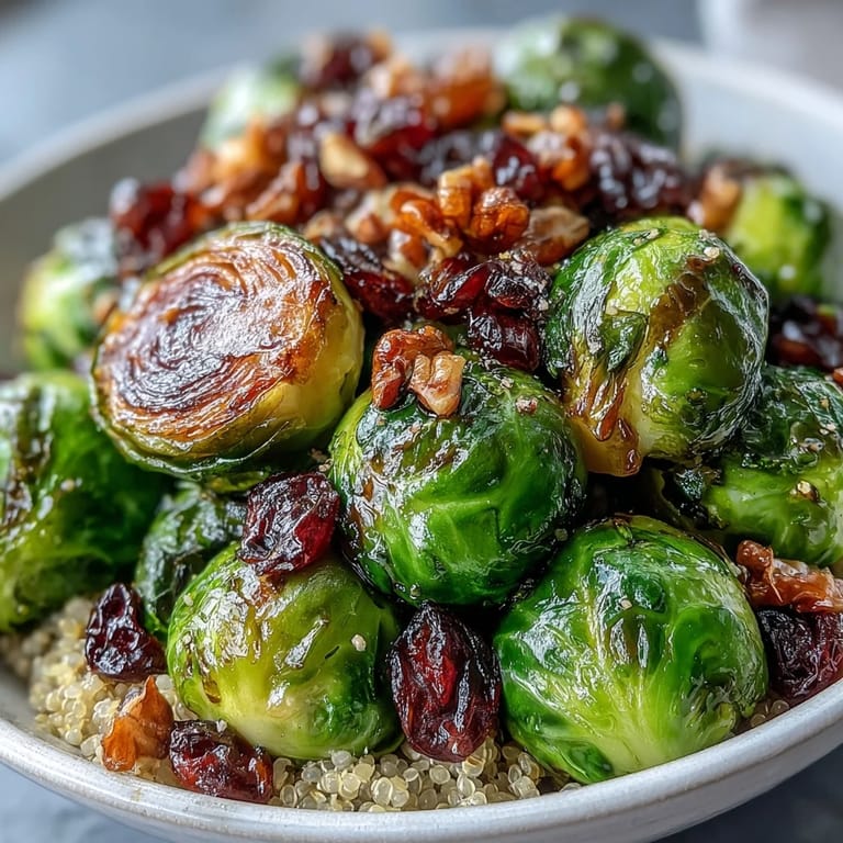 Roasted Brussels Sprouts Bowl with crunchy toasted walnuts and dried cranberries for texture.