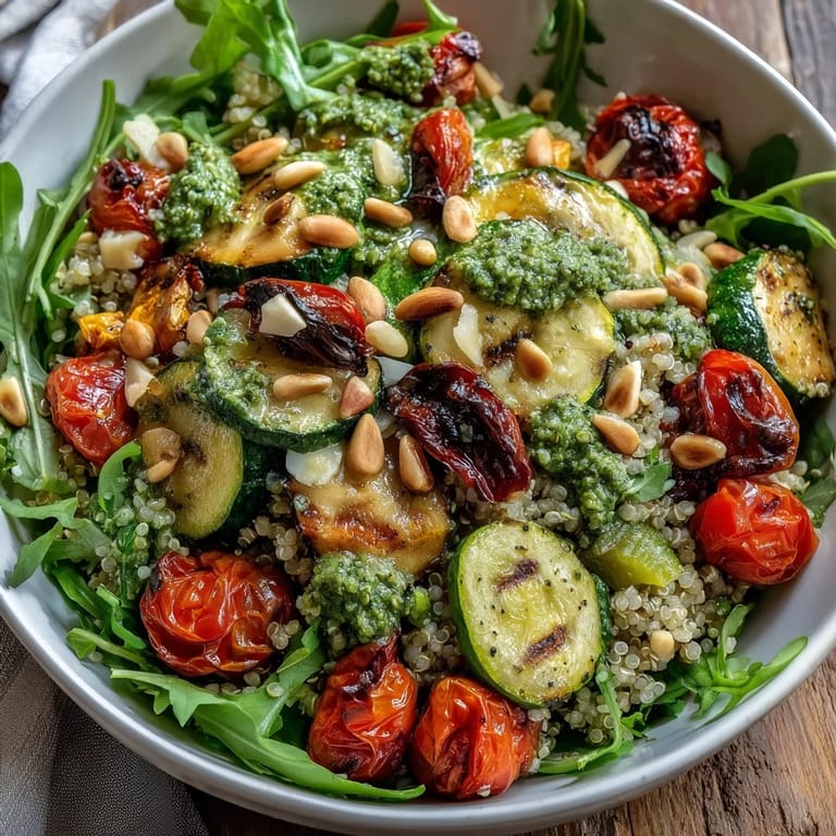 Warm Arugula Pesto Bowl featuring chopped red bell peppers and shaved Parmesan, garnished with toasted pine nuts.