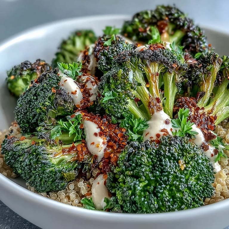 A close-up of the nutritious Roasted Broccoli Bowl shows crispy green broccoli, sliced avocado, and a generous garnish of fresh parsley and sesame seeds.  