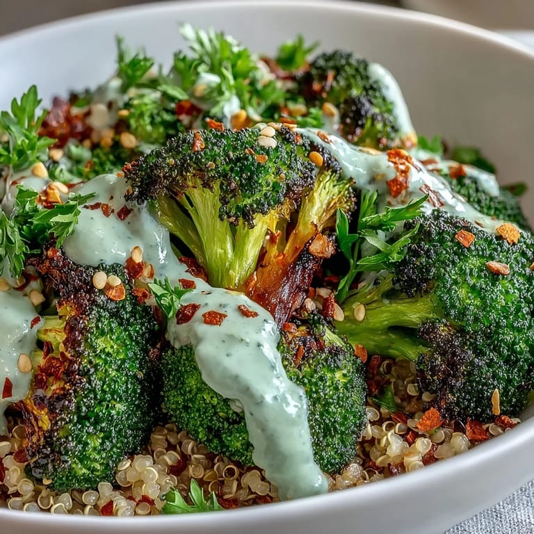 Hearty grains and smoky roasted broccoli come together in this satisfying Roasted Broccoli Bowl, finished with a lemony tahini drizzle and fresh herbs.