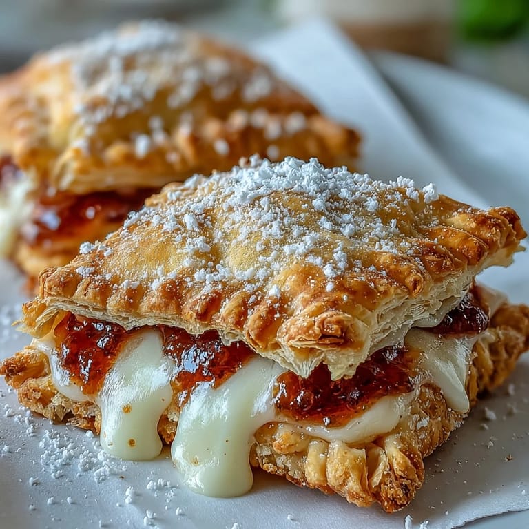 Freshly baked Guava Cheese Pastries dusted with powdered sugar, served warm on a rustic wooden board.
