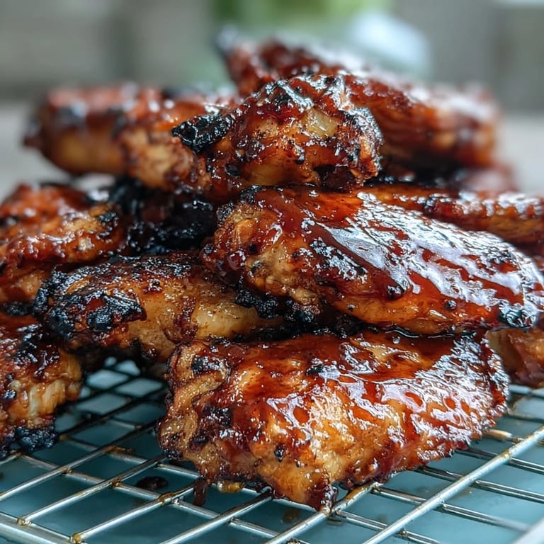 Close-up of Guava BBQ Glazed Chicken Wings highlighting the caramelized, smoky glaze and juicy meat on a dark plate.