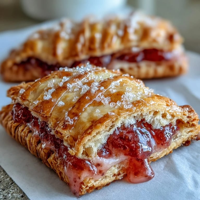 A hand lifts a warm guava cheese pop tart, revealing a flaky crust and vibrant pink guava filling.