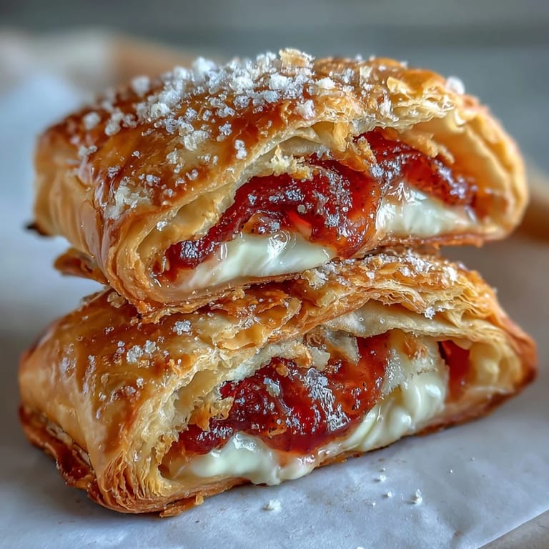 Close-up of Guava and Cream Cheese Pastelitos reveals a buttery crust and sweet-tart guava paired with rich cream cheese.