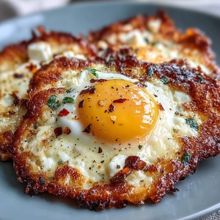Crispy Feta Fried Eggs feature golden edges, soft yolks, and fresh herbs for a Mediterranean-inspired morning meal.
