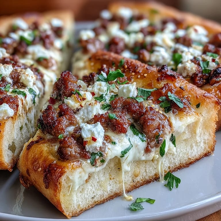 Close-up of Hot Sausage Feta Honey Pizza featuring bubbling cheese, a spicy sausage crumble, and a glossy, sweet-hot honey drizzle over the crust.