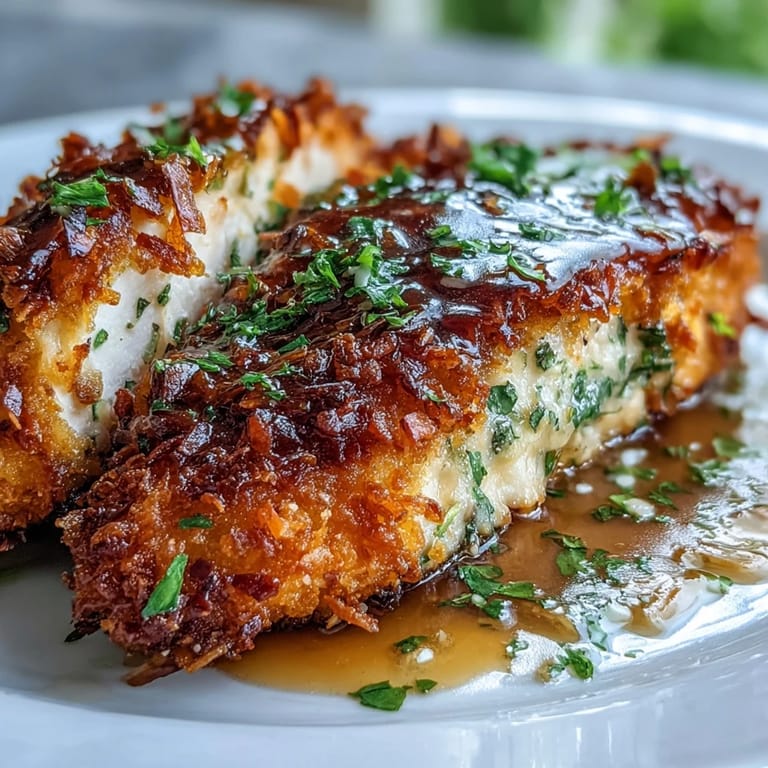 Lemon Parmesan Crusted Chicken served over angel hair pasta, garnished with fresh parsley.