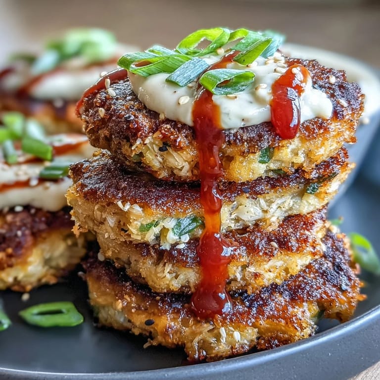 A close-up view of Asian-Style Tuna Cakes plated with a drizzle of creamy spicy mayo and sesame seeds, perfect for a light lunch.