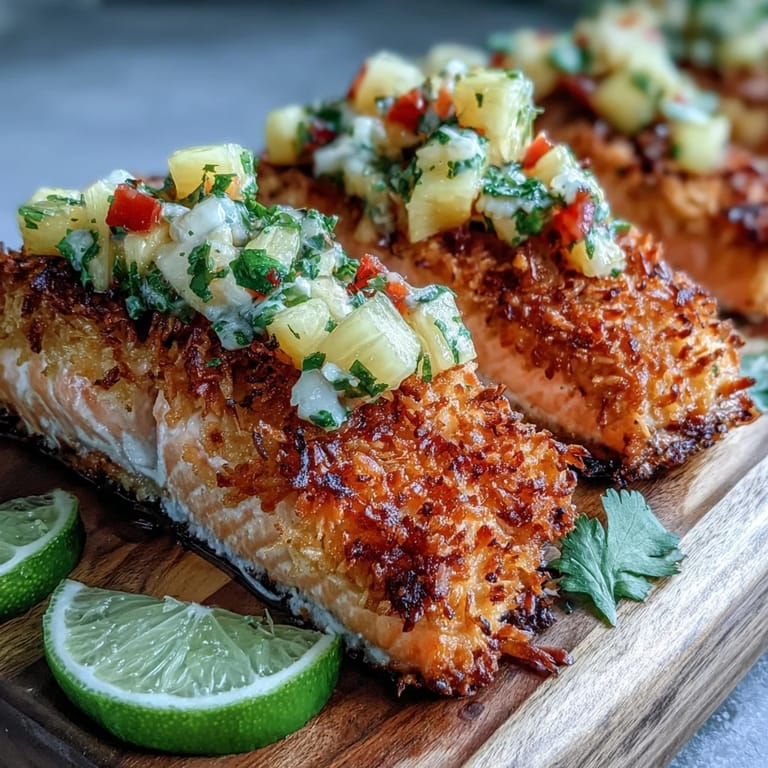 Seared Coconut Crusted Salmon with Pineapple Salsa served alongside lime wedges and fresh cilantro.