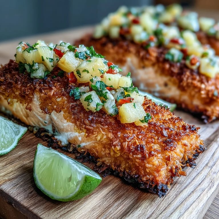 Overhead view of juicy Coconut Crusted Salmon with Pineapple Salsa, garnished with vibrant red peppers.