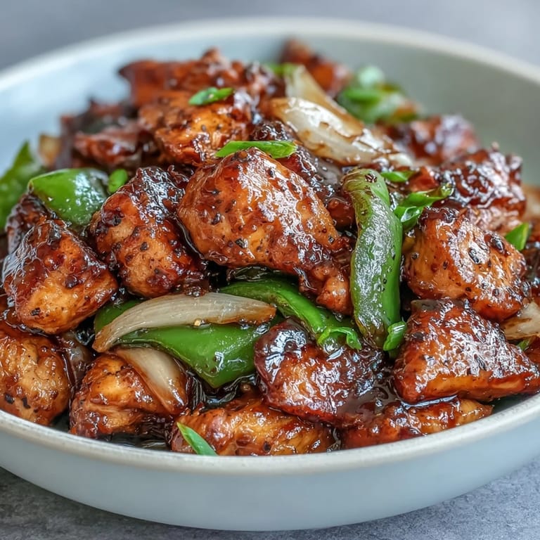 Sizzling Black Pepper Chicken in a savory sauce with onions and peppers, served over fluffy white rice.