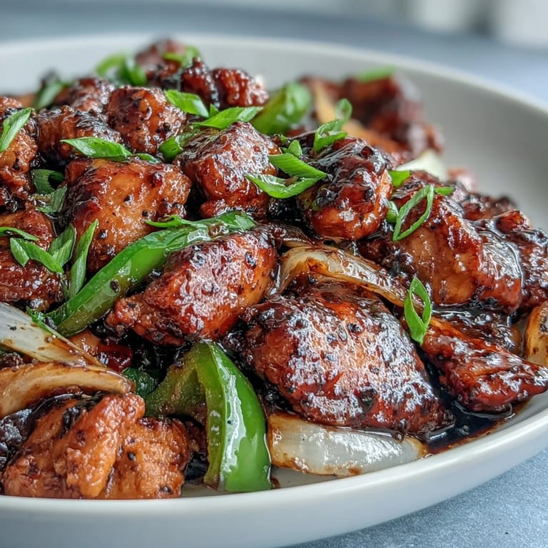 Close-up of saucy Black Pepper Chicken showing juicy chicken and crunchy vegetables, perfect for a quick dinner.