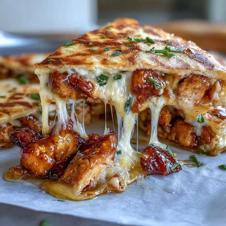 Freshly cut wedges of Cheesy Hot Honey Chicken Quesadillas on a wooden board, drizzled with hot honey and lime wedges.