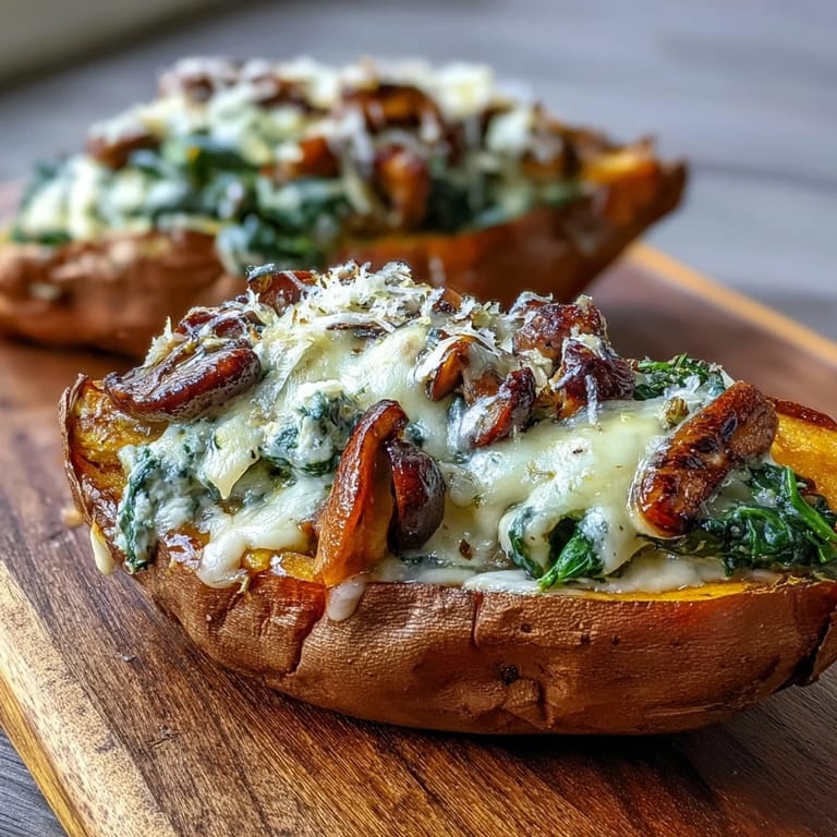 Golden-brown baked sweet potatoes, sliced open to reveal a creamy mushroom and spinach stuffed filling, topped with melted cheese.