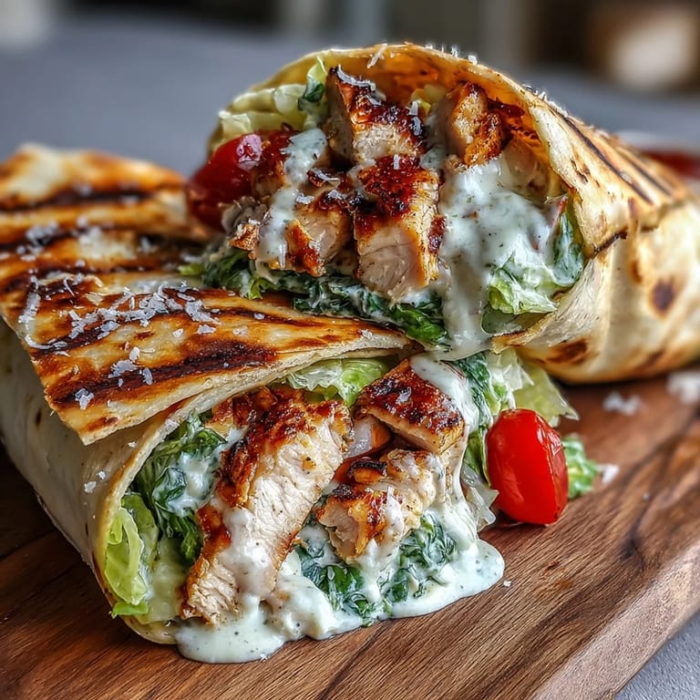 Warm garlic naan rolled around grilled chicken Caesar salad with fresh Parmesan, perfect for an easy weeknight dinner.