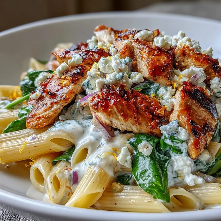 Creamy Greek Chicken Feta Pasta Skillet served with fresh spinach, tangy feta, and warm pita bread.