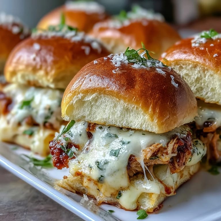 Freshly baked Pesto Chicken Parmesan Sliders featuring juicy pesto chicken and gooey cheese inside brioche buns.