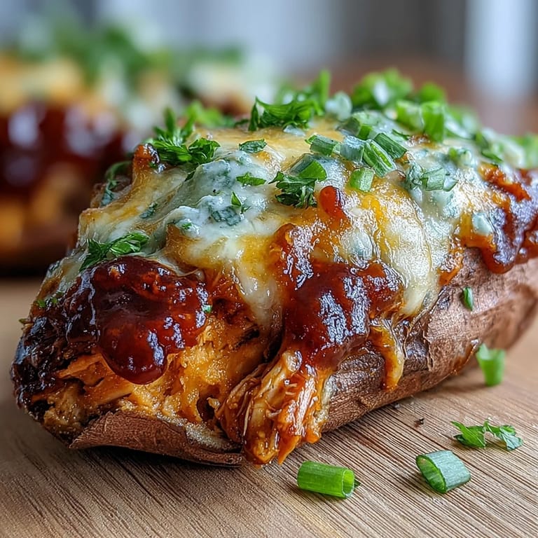 Golden roasted sweet potato halves filled with saucy honey BBQ chicken, garnished with green onions and cilantro for serving.
